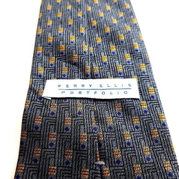 Perry Ellis Portfolio Woven Gray Blue Brown Geometric Short Wide Silk Tie‎ - Picture 3 of 6